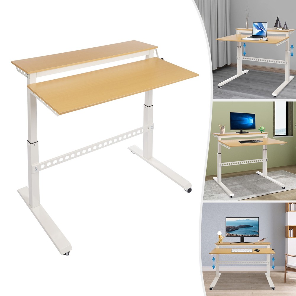 2-tier Standing Desk Adjustable Rolling Compiter Desk With Crank Handle