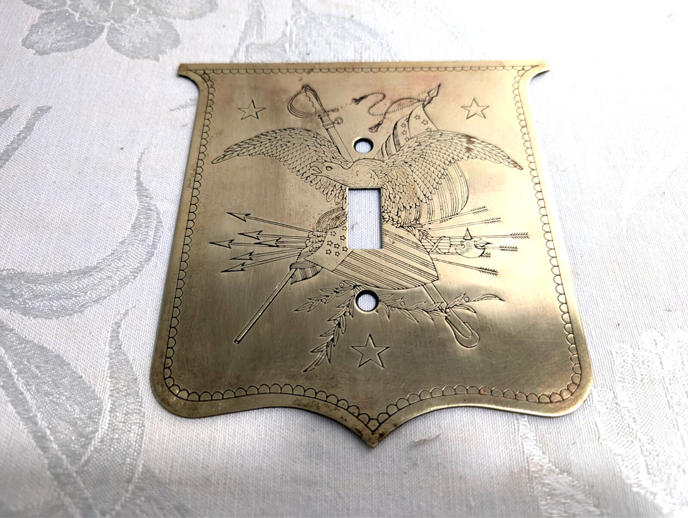 Vintage Brass Switch Cover Plate Detailed Etched Eagle Flag Shield