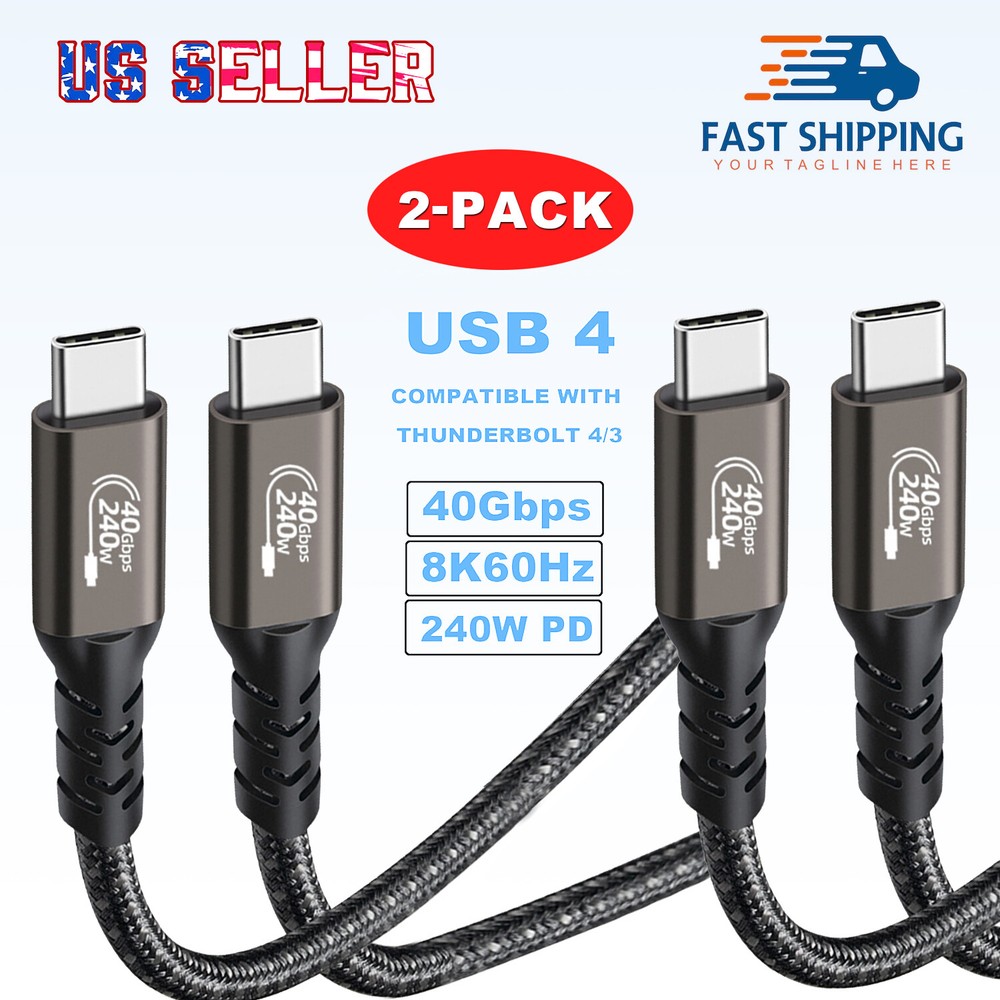 2-Pack USB 4.0 240W Fast Charging & Data Cable 40Gbps Thunderbolt 4/3 8K Display