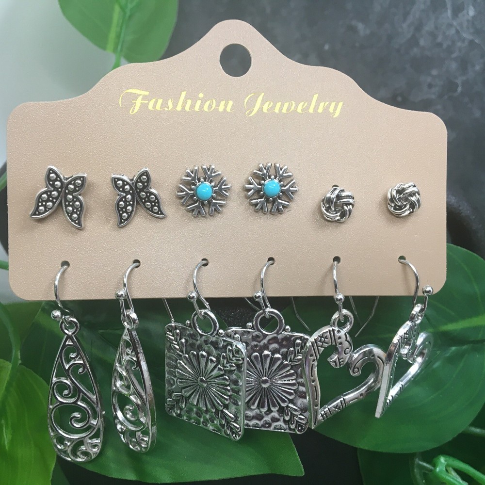 12 PC Matching Post Stud/ Dangle Earring Set Silver-Tone New Free Ship 7922