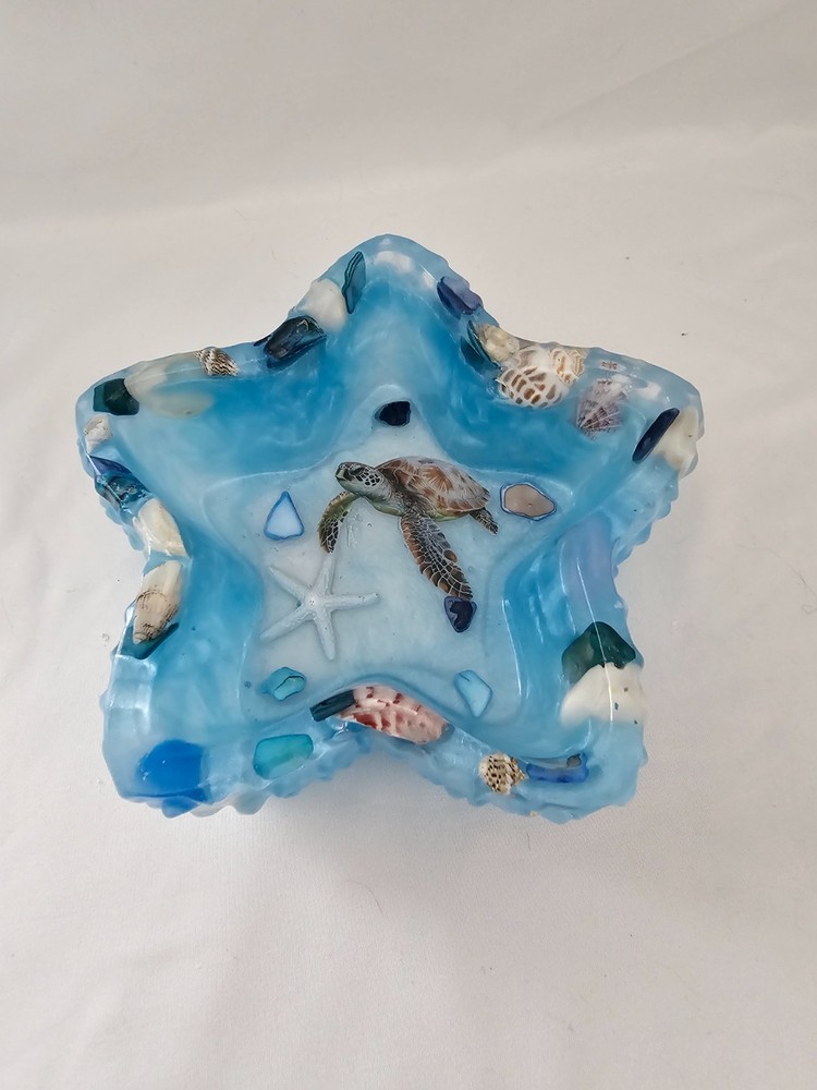 Handmade Resin Turtle Trinket Bowl Blue with Shells