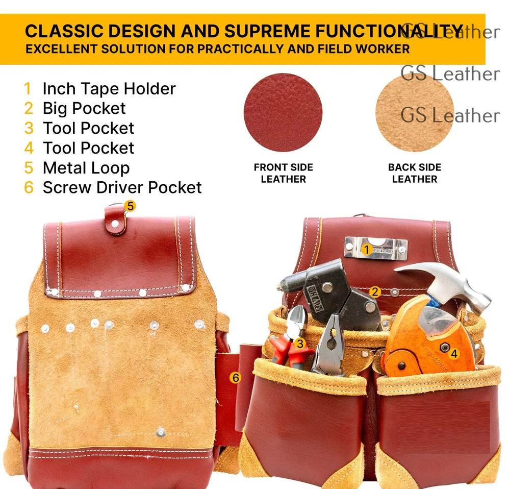 Heavy Duty Leather Carpenter Tool Belt with Pouches – Durable Work Construction