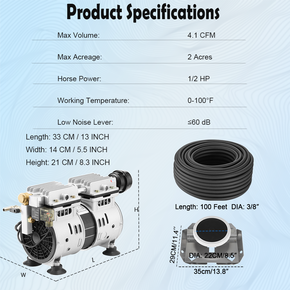 Pond Aerator Lake Compressor 100' Airline Diffuser Timer Aeration System 2 Acre