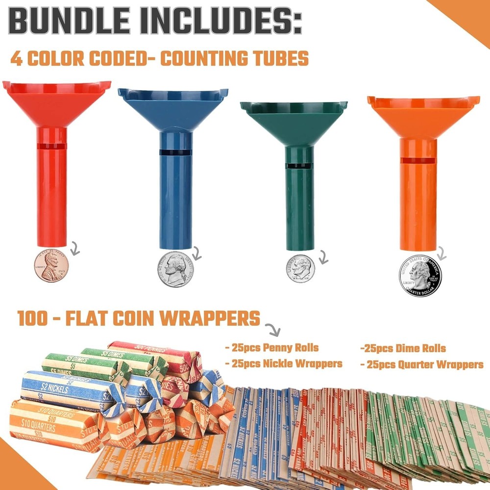 Coin Storage & Sorter Tubes 4 Color – Coded Coin Counters Tubes and Assorted ...