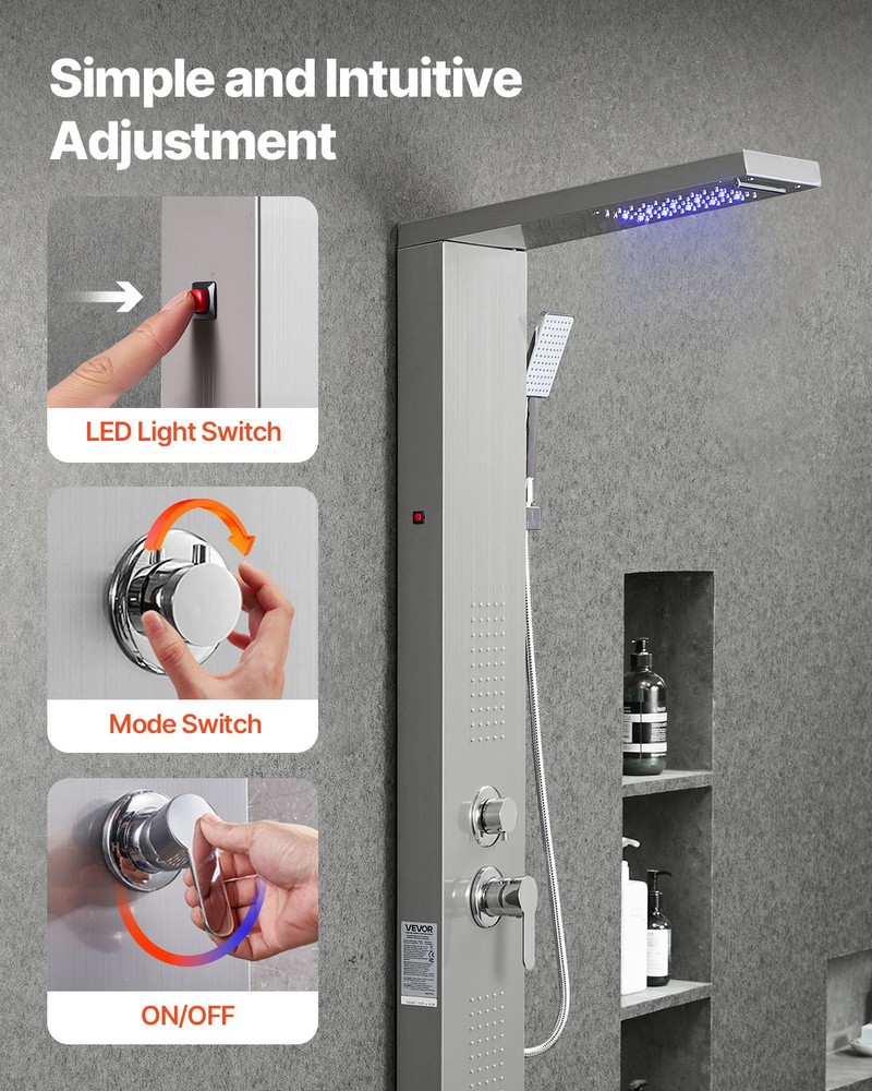 VEVOR Shower Panel Tower System Stainless Steel Column Rainfall Waterfall Head