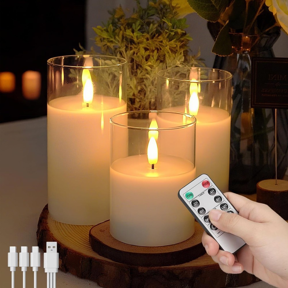 3-Pack Rechargeable Flameless Candles with Remote Control and Timer Function,...