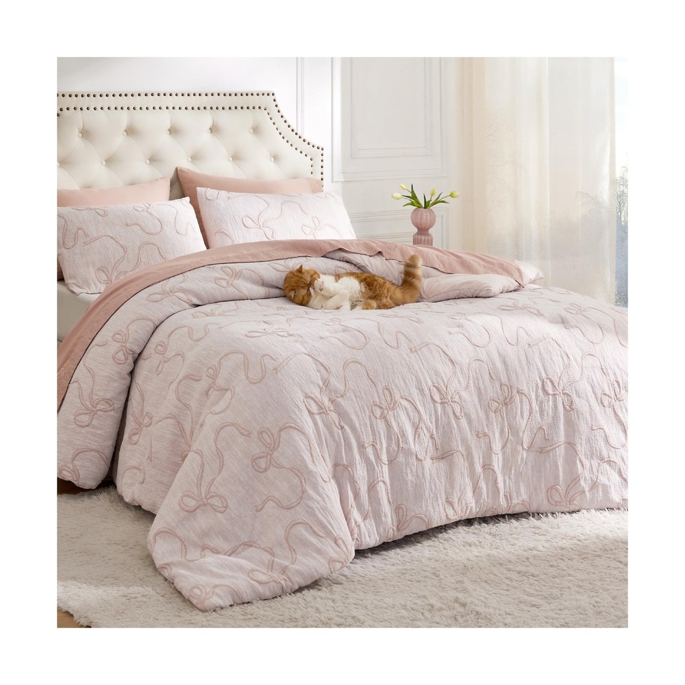 Bedsure Queen Comforter Set, Pink Boho Tufted Bed Set, 3D Puffy... USA FAST SHIP