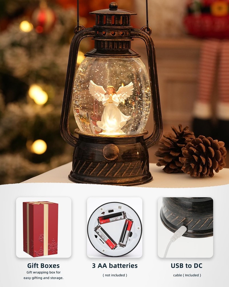 Christmas Musical Snow Globe - Angel Lighted, 6H Timer, USB/Battery Powered, Ind