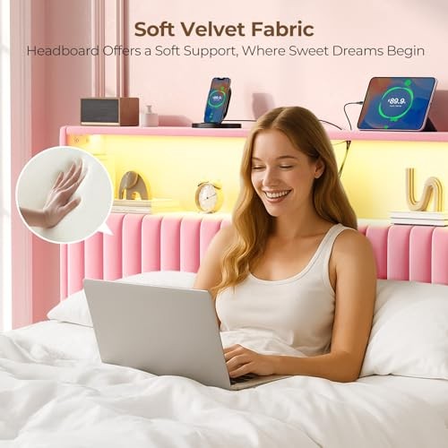 Headboard for Size Bed with Storage, Head Board with USB & Type C King Pink
