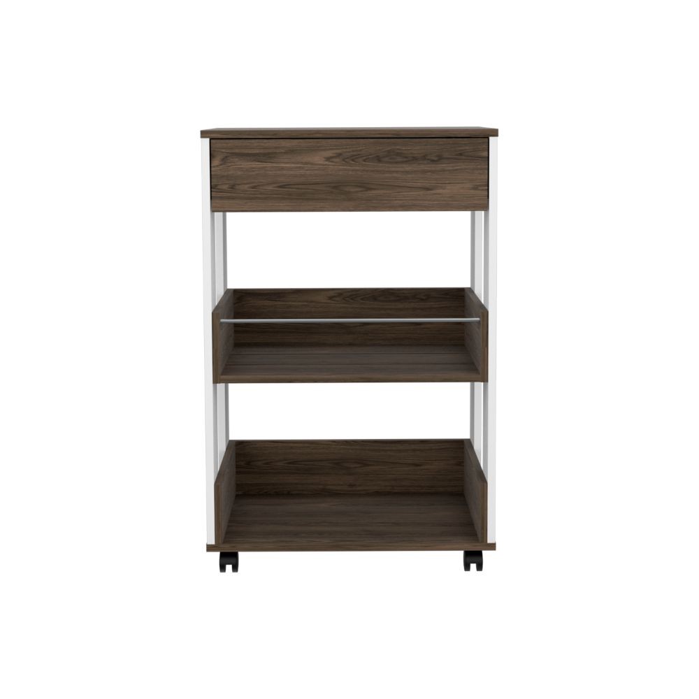 Modern Kitchen Cart 35" H, Four Casters, Three Shelves, White / Dark Walnut
