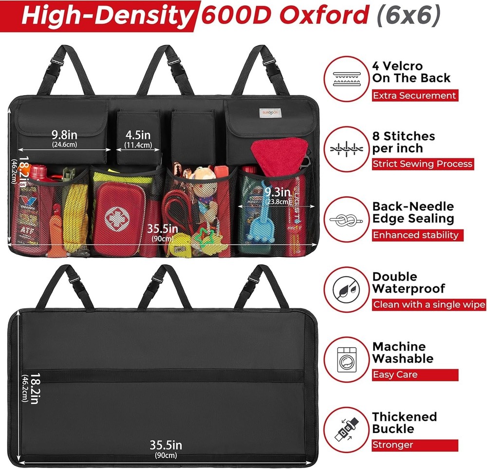 Large Capacity Car Trunk Organizer with 8 Pockets - Durable Black Design