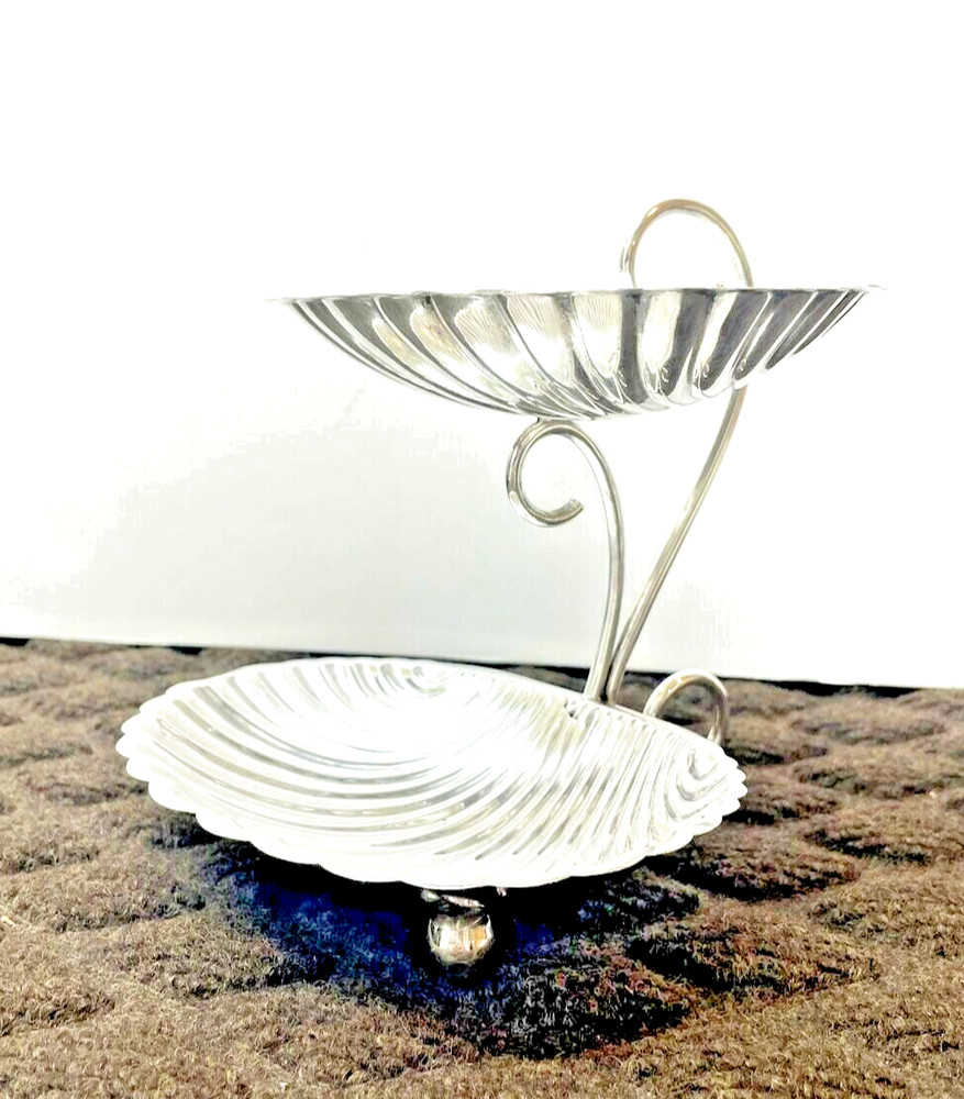 Sterling Silver 2 Tier Shell Dishes Curved Handle Mexico, 204 grams