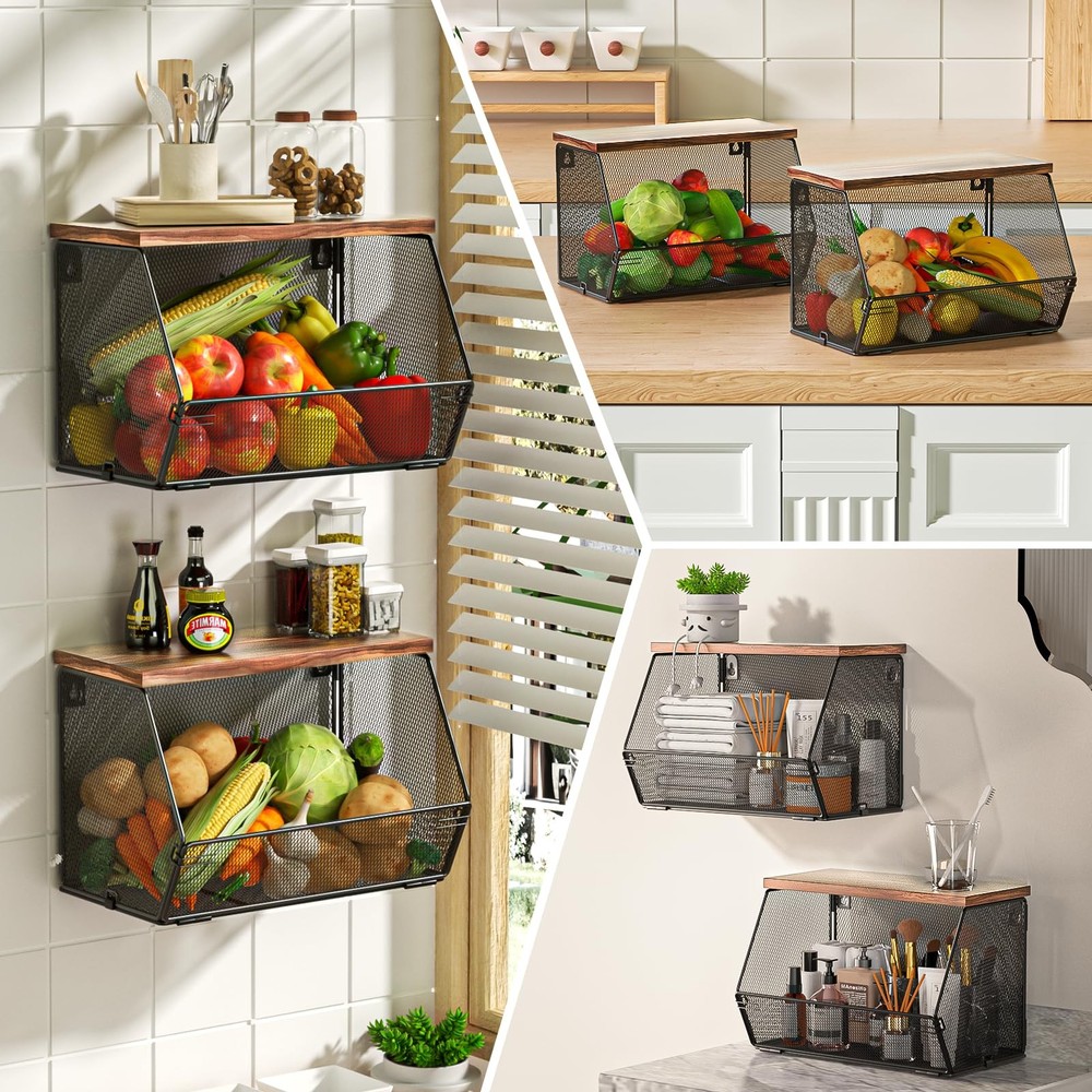 Stackable Fruit Basket for Kitchen Countertop Space Saving, Wall Mounted Mesh...
