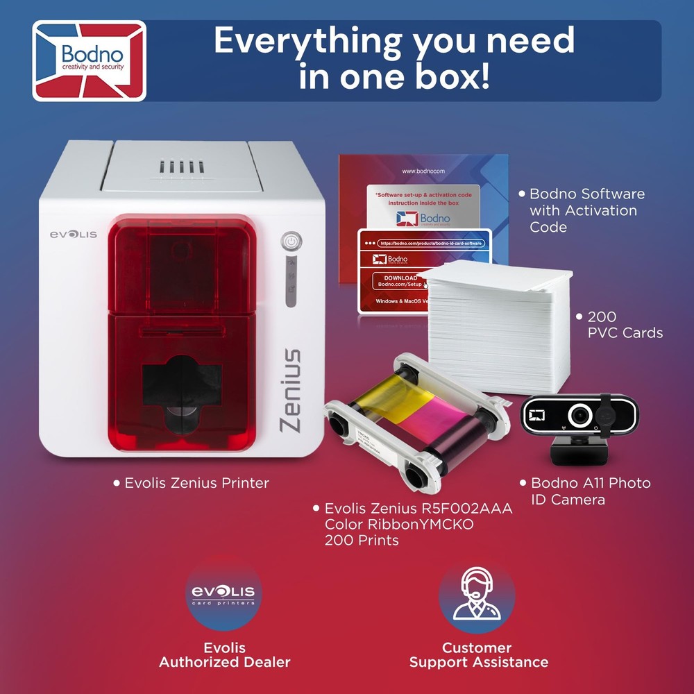 Bodno Evolis Zenius Single Sided ID Card Printer & Complete Supplies Package