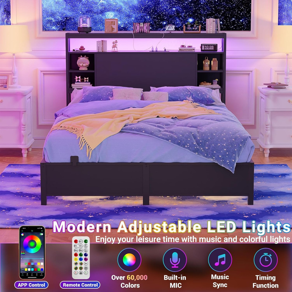 Full Size Headboard with Storage, Outlets & RGB LED Light - Black