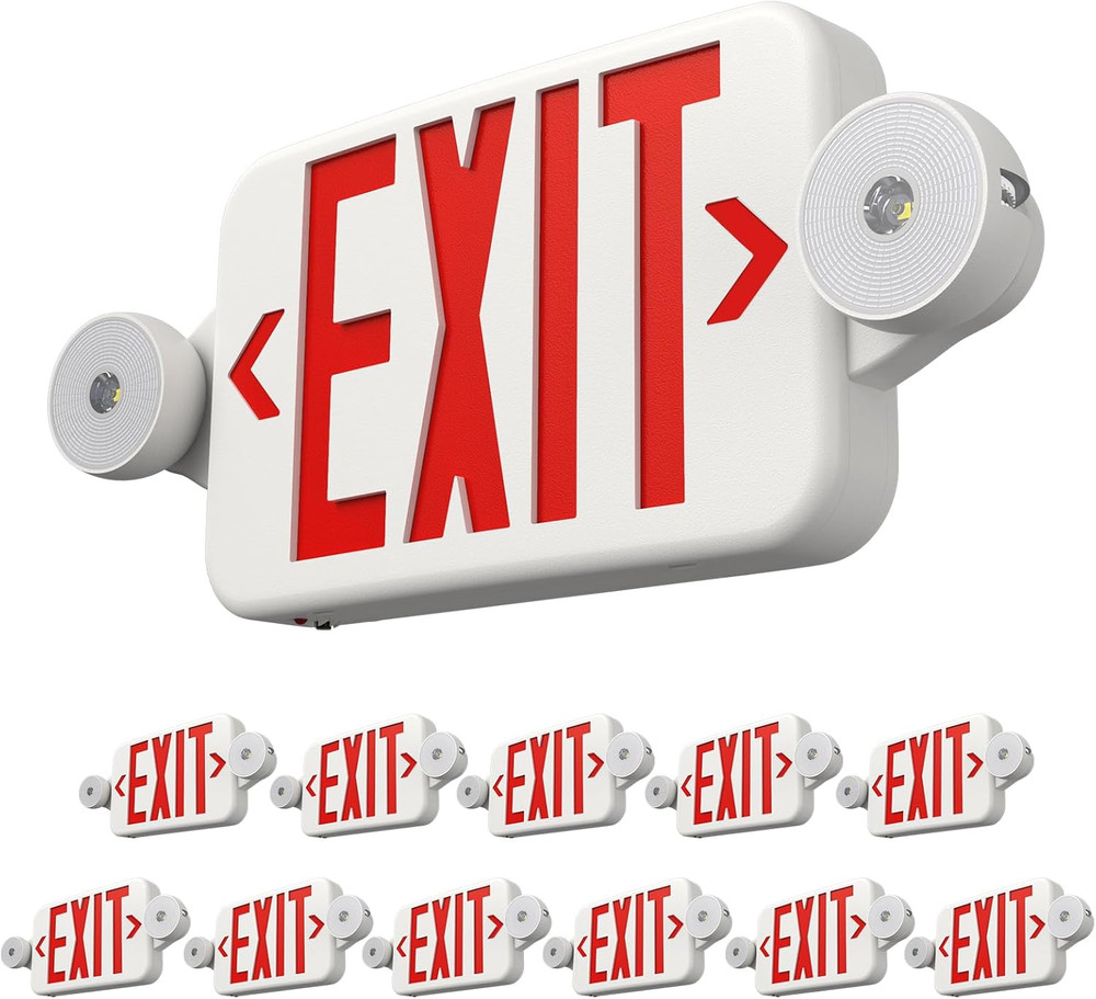 12 Pack Red Led Exit Signs with Emergency Lights Combo Adjustable Two Heads,Batt