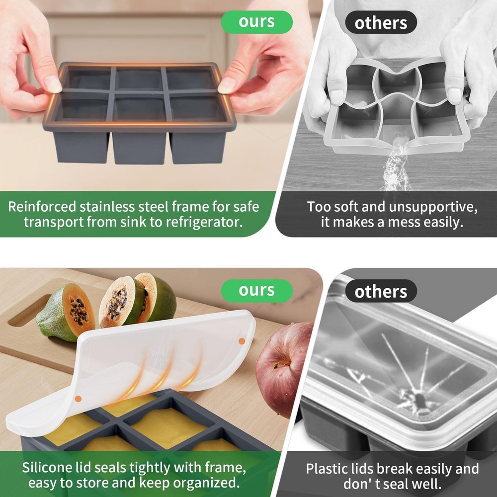 2Pack Large Ice Cube Molds Tray with Lid,Stackable Big Silicone Square Cube Mold