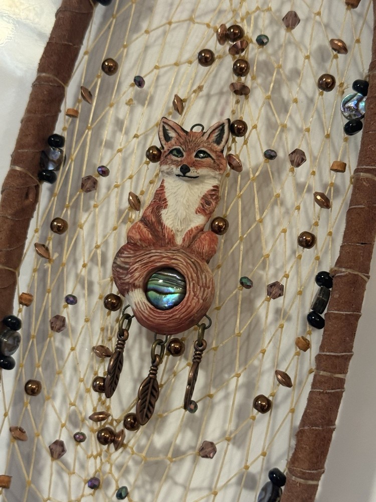 Handmade Fox Dreamcatcher Wall Hanging Abalone Copper Beads Boho Decor