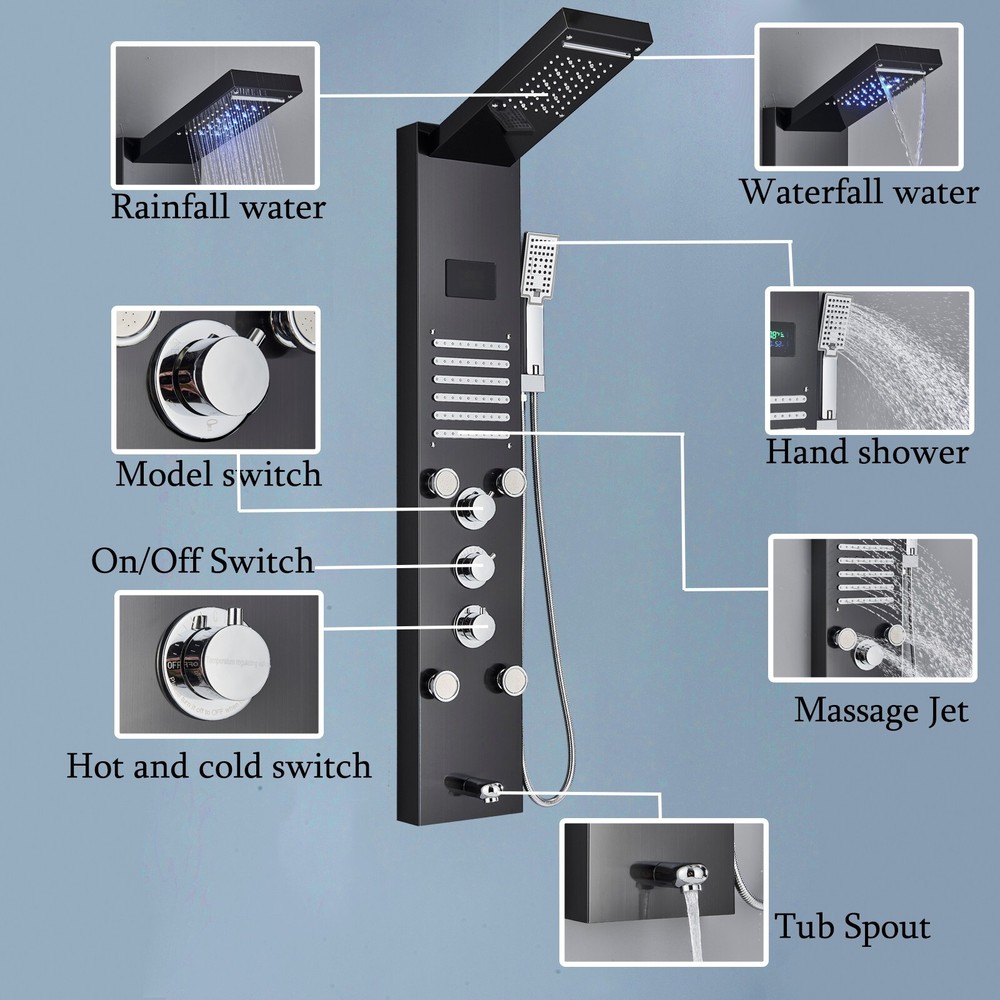 Shower Panel Tower System Rainfall Head Massage System with LED Body Jet Black