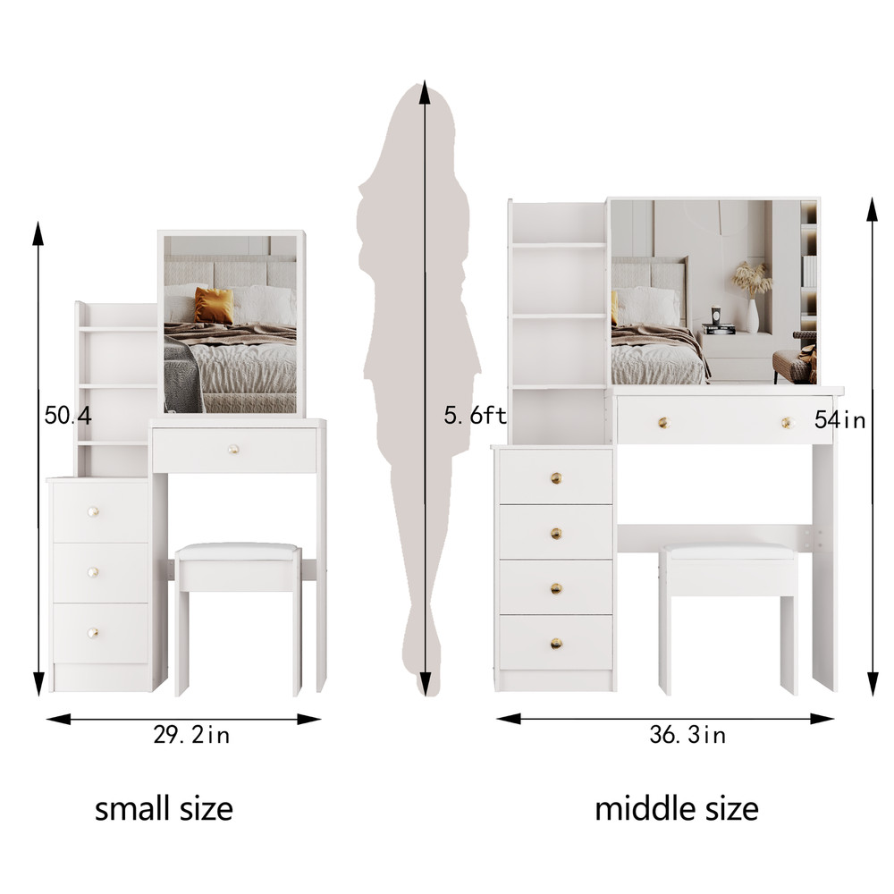 29.2" Small Space Left Bedside Cabinet Vanity Table + Cushioned Stool, Extra Lar
