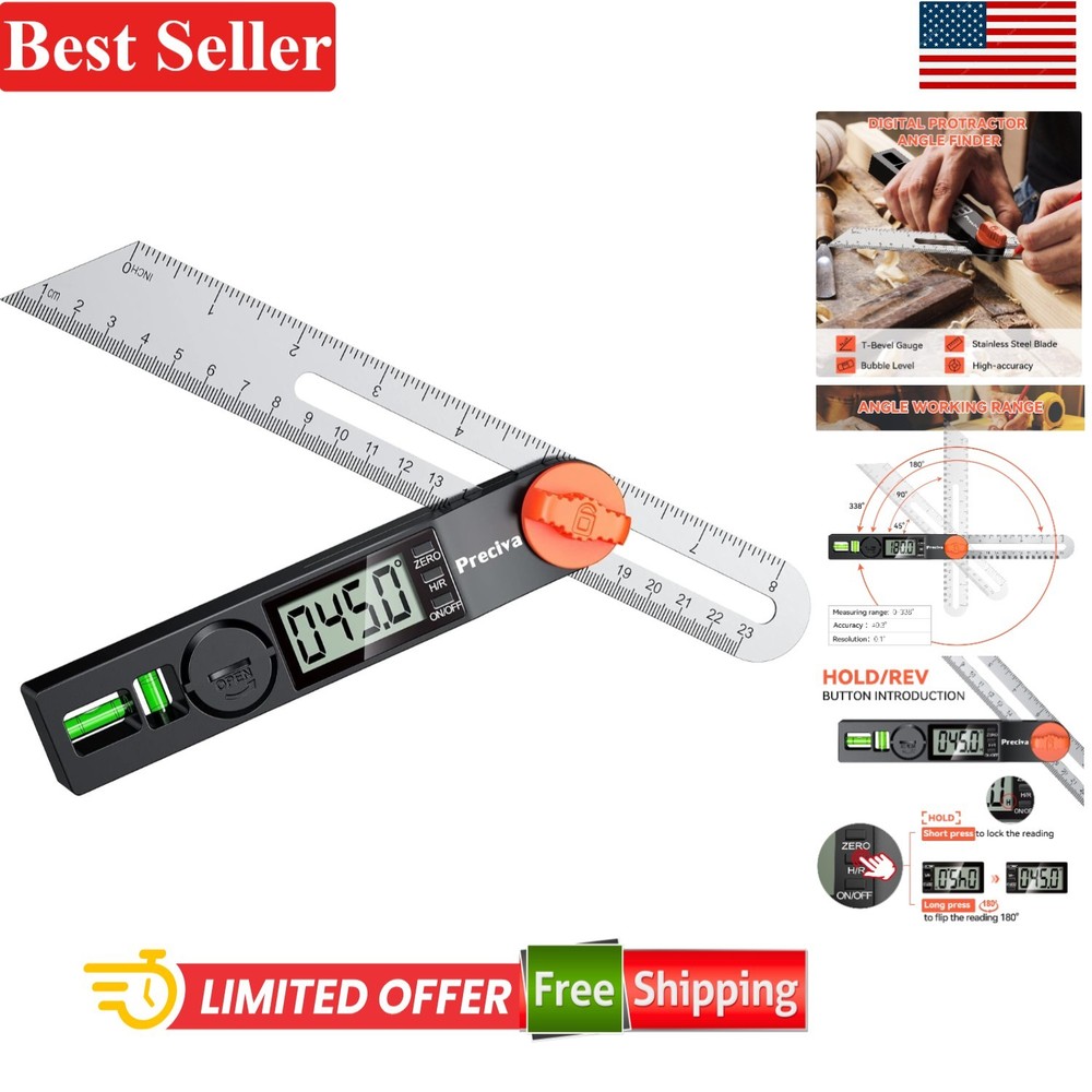 Versatile Digital Angle Finder with LCD & Bubbles, 8 Inch Precision Protractor