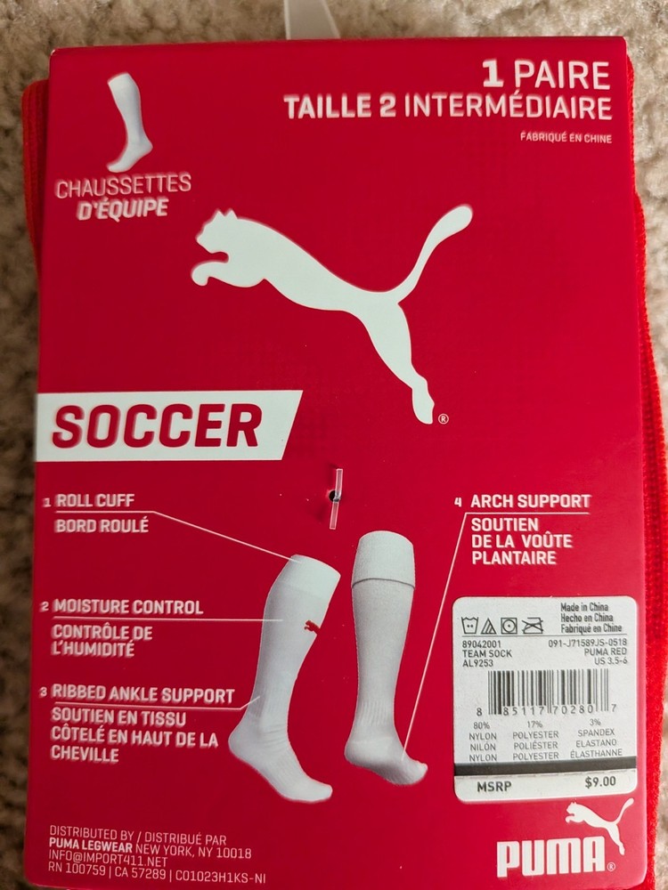 Puma Red Team Soccer Socks Size 2 Intermediate