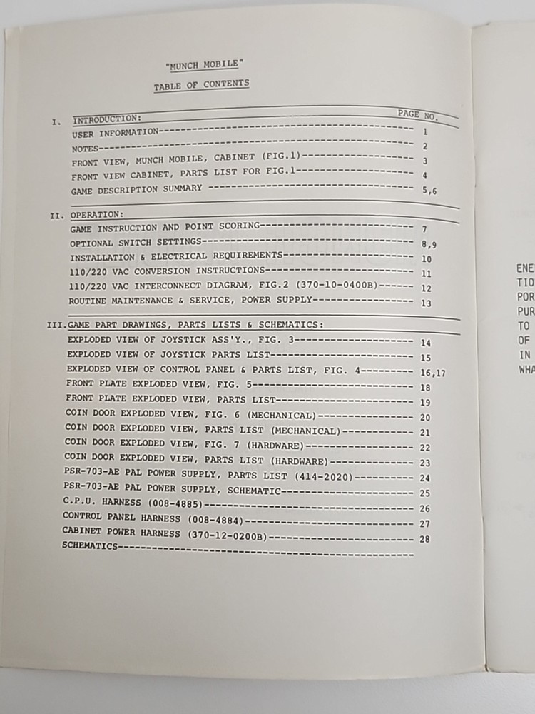 MUNCH MOBILE ARCADE GAME SERVICE MANUAL CENTURI ORIGINAL