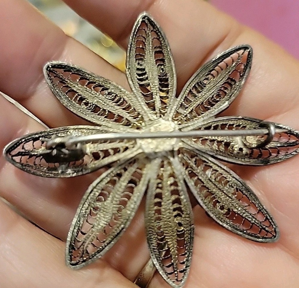 Unsigned Flower Silvertone Vintage Likely Mexico