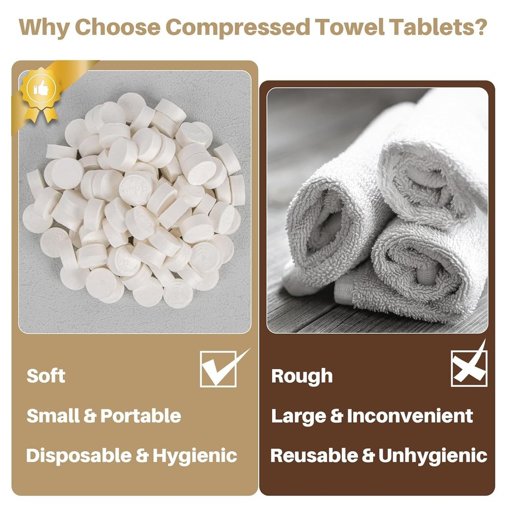 100 Compressed Towel Tablets - Disposable Face Washcloths Fast Drying Lightweigh