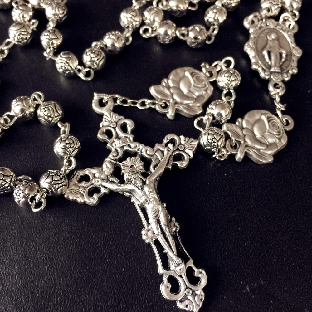HANDMADE 925 Silver Rose Beads Catholic 5-Decade Rosary w Cross Gift Box Italy