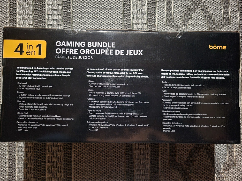 Borne 4 in 1 Gaming Bundle, Keyboard, Mouse, Headset, Mouse Pad, New!