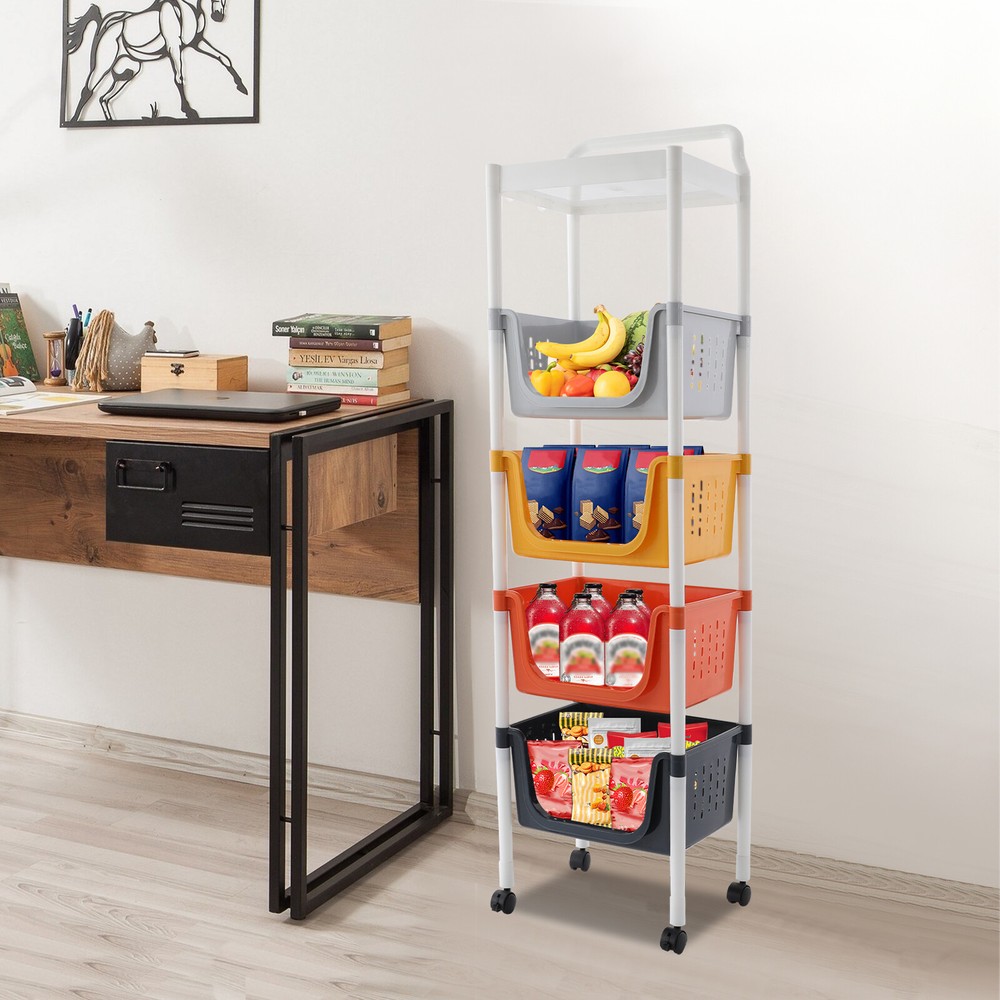 Kitchen Storage Rack 5 Tier Floor-Standing Basket Organizer W/ 2 Practical Hook
