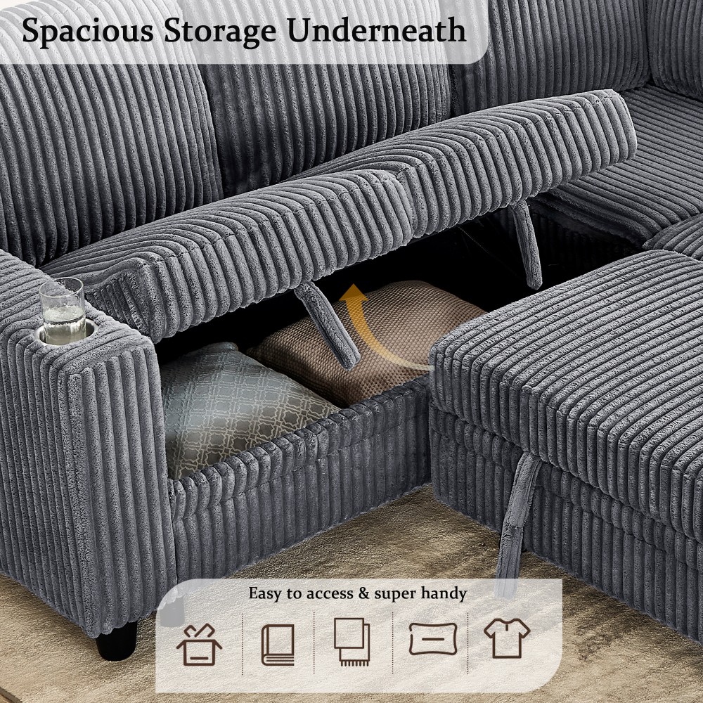 5-Seat L-Shaped Sectional Sofa Bed w/ Pull-Out Bed & USB Charging, Grey