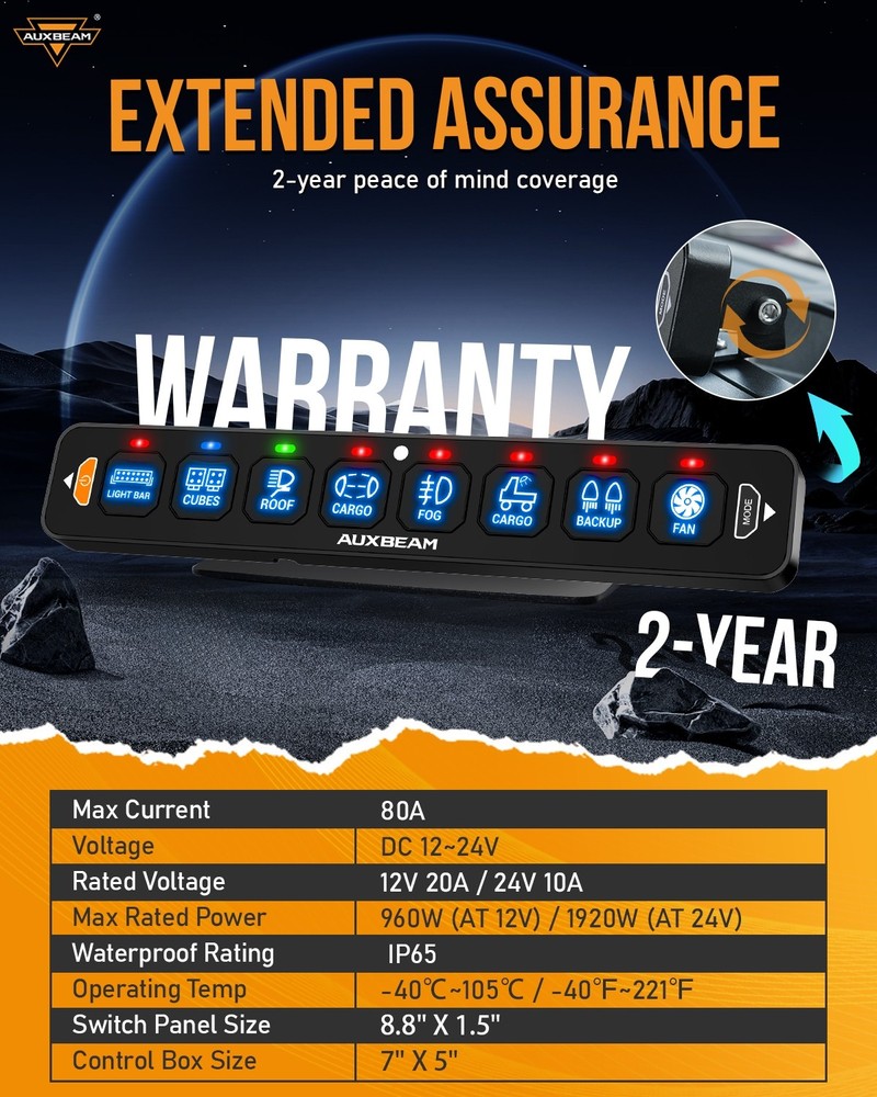 AUXBEAM 8 Gang RGB Switch Panel APP & Remote Control Automatic Dimmable for Ford