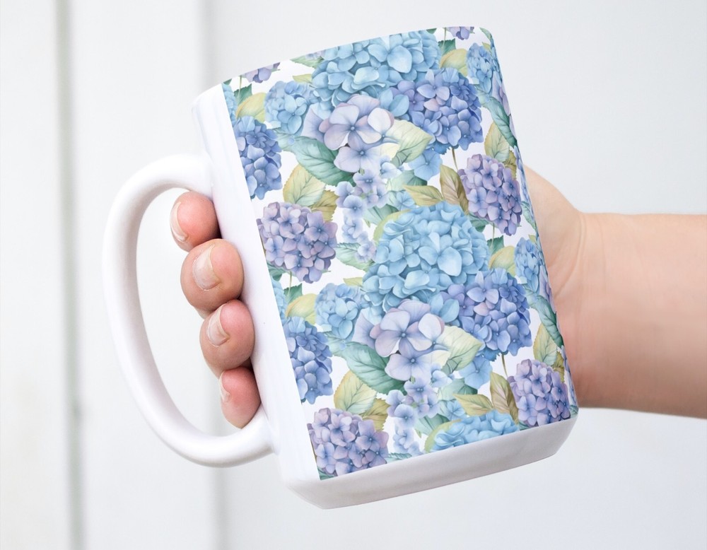 Blue Hydrangeas Coffee Tea Mug Cup 15 Oz Ceramic, Floral Pattern by Mugzan