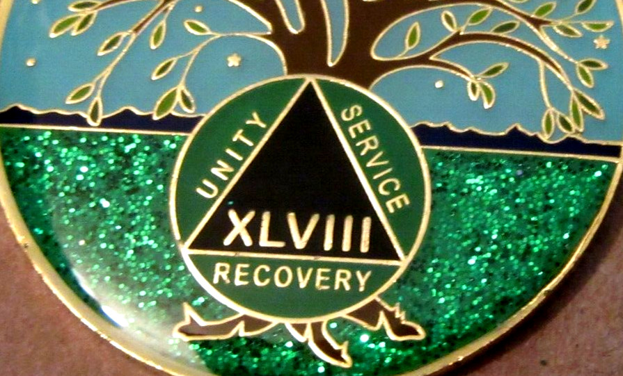 Tree - Blue green SPARKLE Alcoholics Anonymous 48 year AA Medallion Coin Token