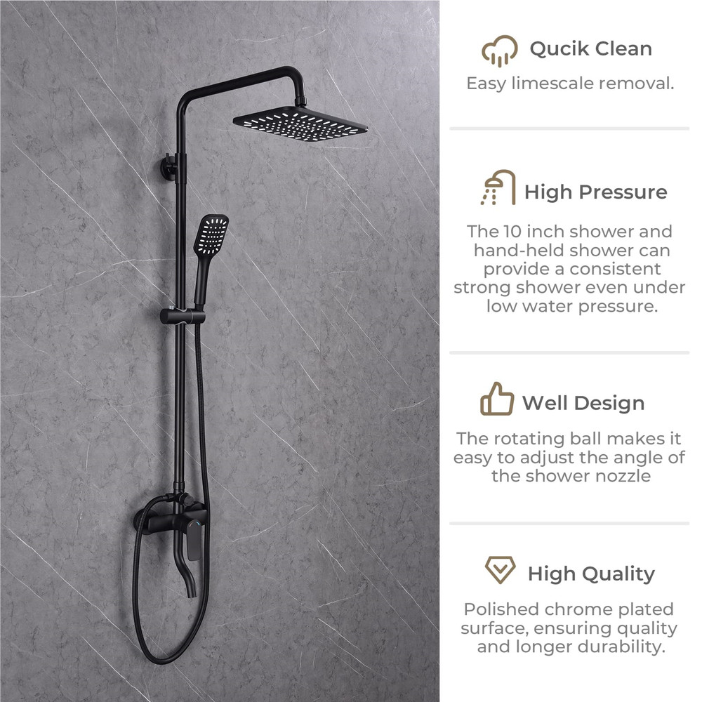 10" Shower Faucet Set 3 Function Fixture System Wall Mount Adjustable Height