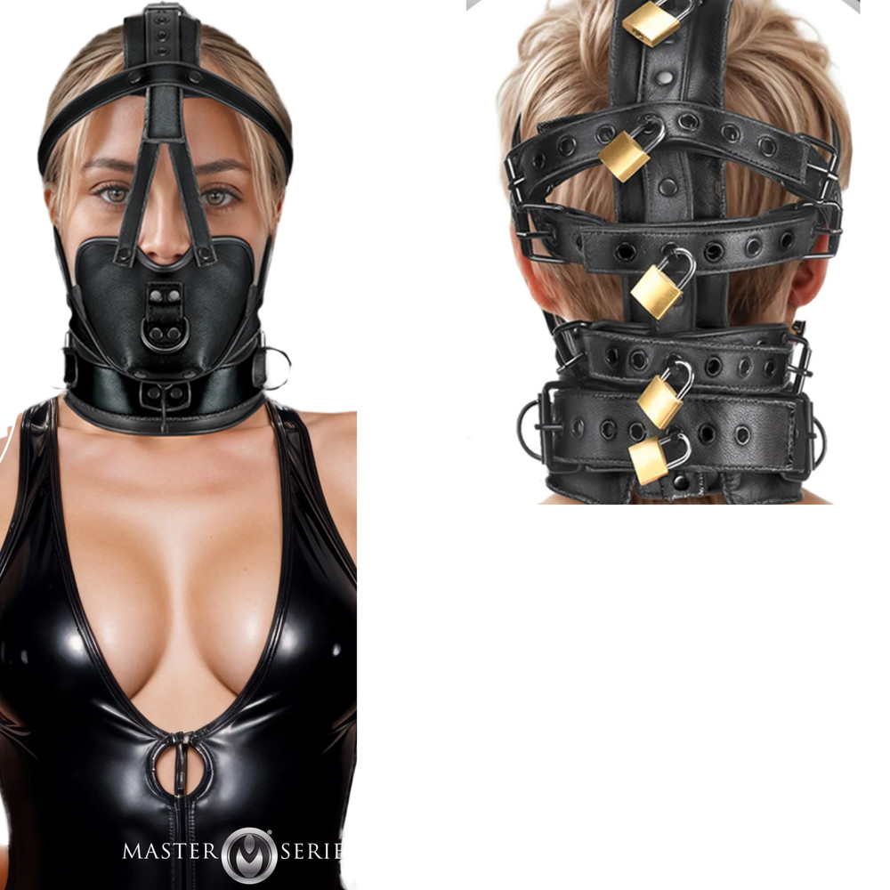 Adjustable Lockable Leather Head Harness with Muzzle BDSM Restraint Fetish Play