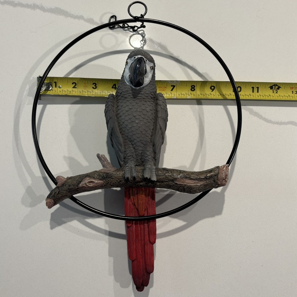 (2) Hanging Congo African Grey Parrot Perching On Branch & Embroidered Patch