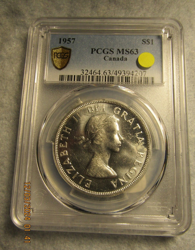 1957  CANADA  SILVER  $1  DOLLAR...PCGS MS-63..GOLD  SHIELD