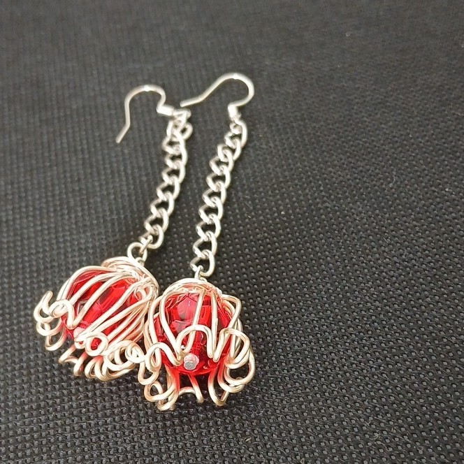 Handcrafted Silver Wire Wrapped Red Glass Round Dangle Earrings