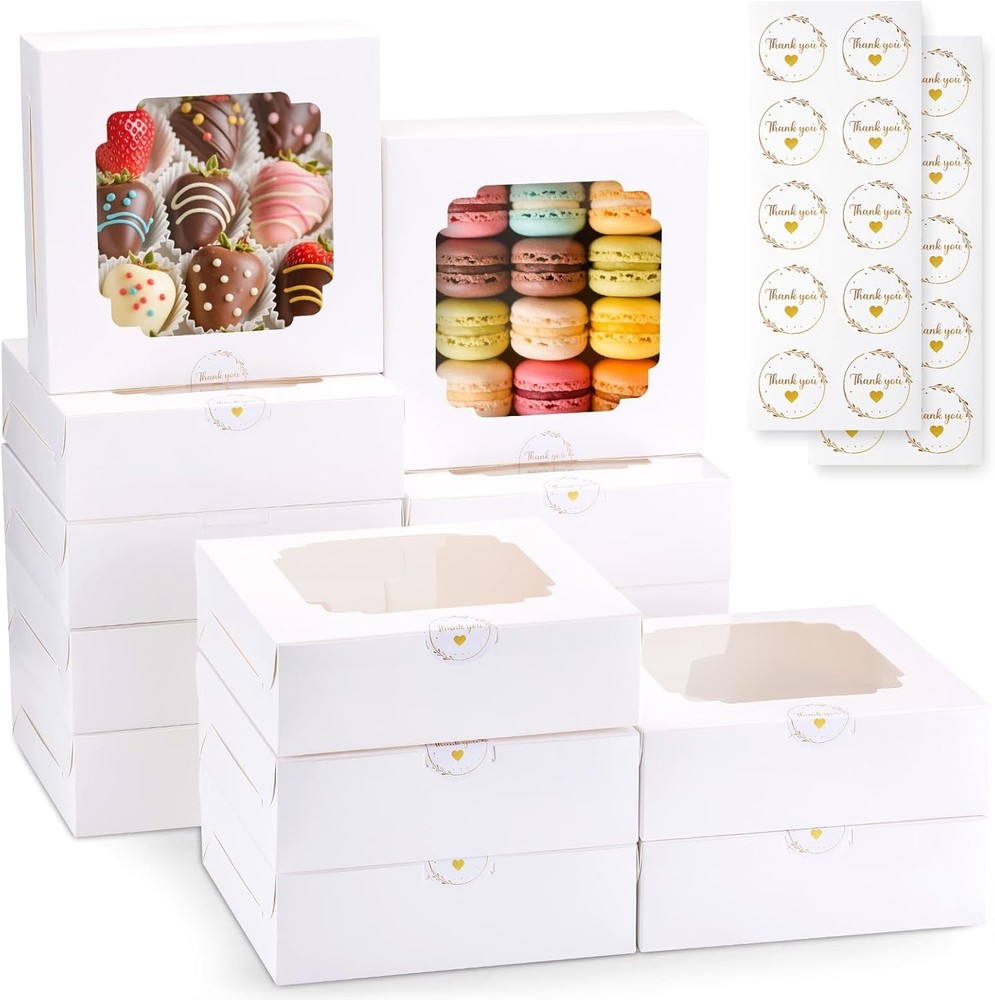 Bakery Boxes with Window, 8"x8" White Treat Boxes for Dert, Cookie,