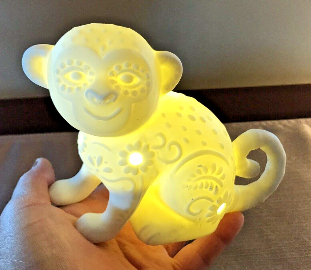 Lighted Monkey Night Light Accent Light White Bisque Battery Operated 4"