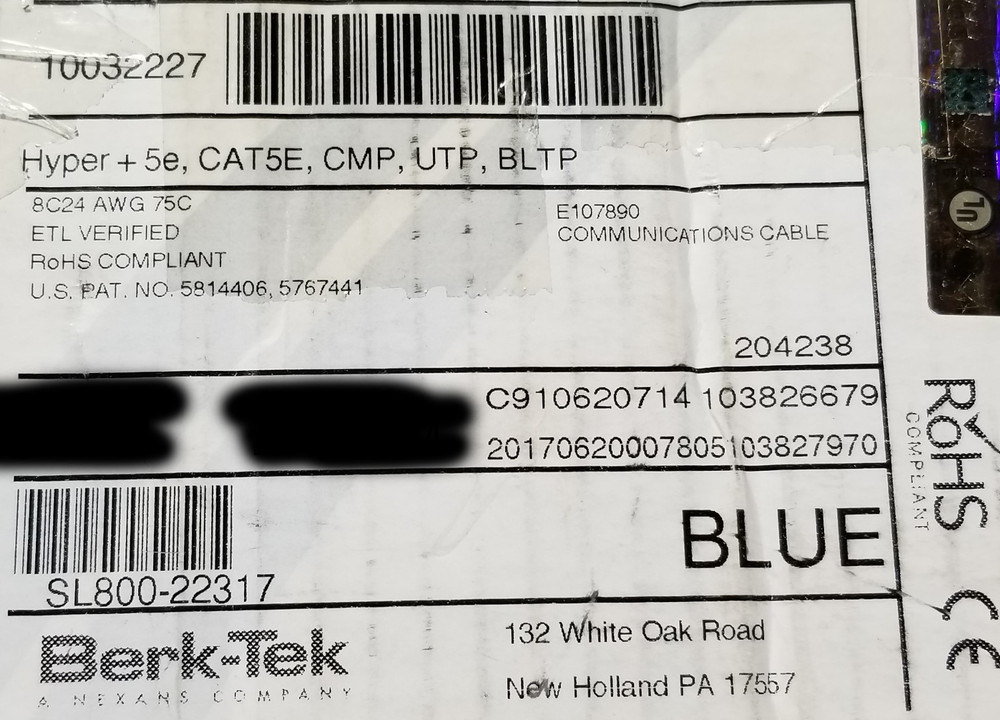 Berk-Tek 24/4P HyperPlus Cat5E Plenum U/UTP Network Cable Blue /100ft