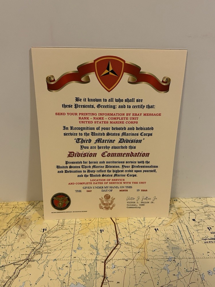 U.S.M.C. / THIRD MARINE DIVISION ~ DIVISION COMMENDATION REPLACEMENT CERTIFICATE