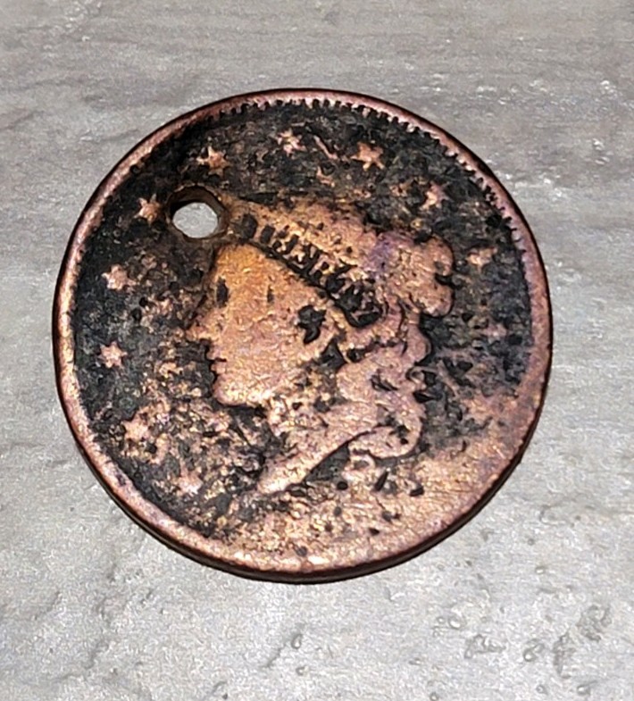 1836 CORONET HEAD LARGE CENT w/hole