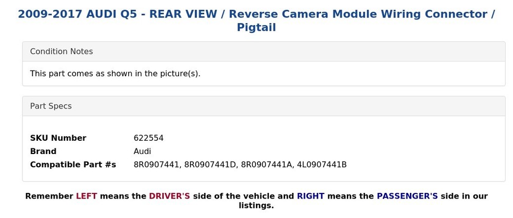 2009-2017 AUDI Q5 - REAR VIEW / Reverse Camera Module Wiring Connector / Pigtail