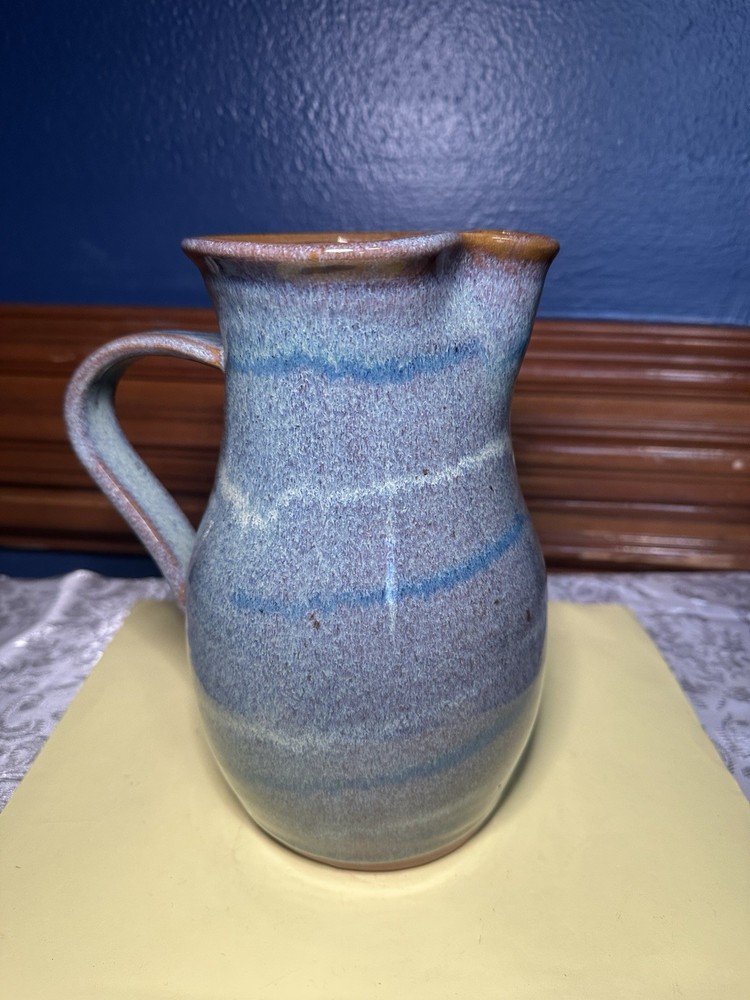 Vintage Stoneware Blue Drip Glazed Pitcher with Handle 9” Tall