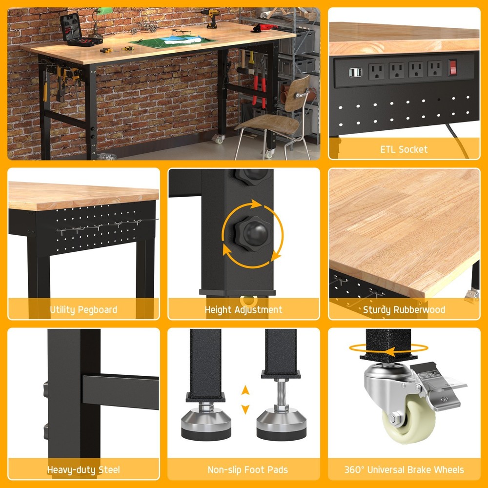70'' Adjustable Workbench with Socket, Wheels ,Fixed Legs and Hanging Board