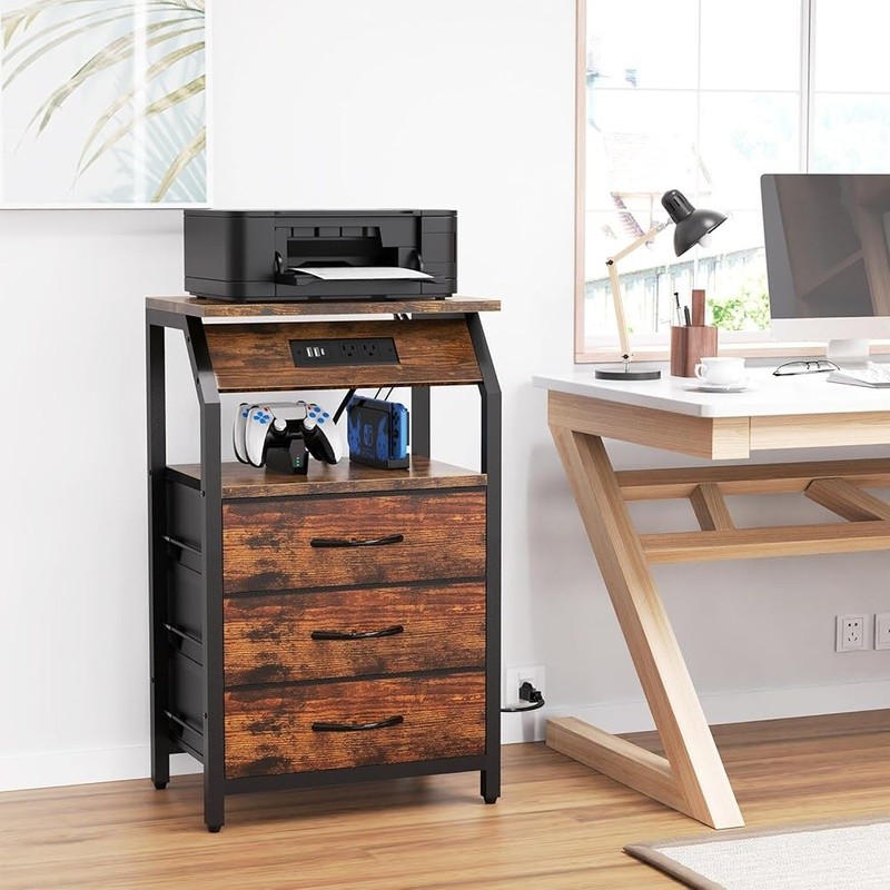 Compact Night Stand W/ USB Ports LED Light Table Bedroom Storage Solution